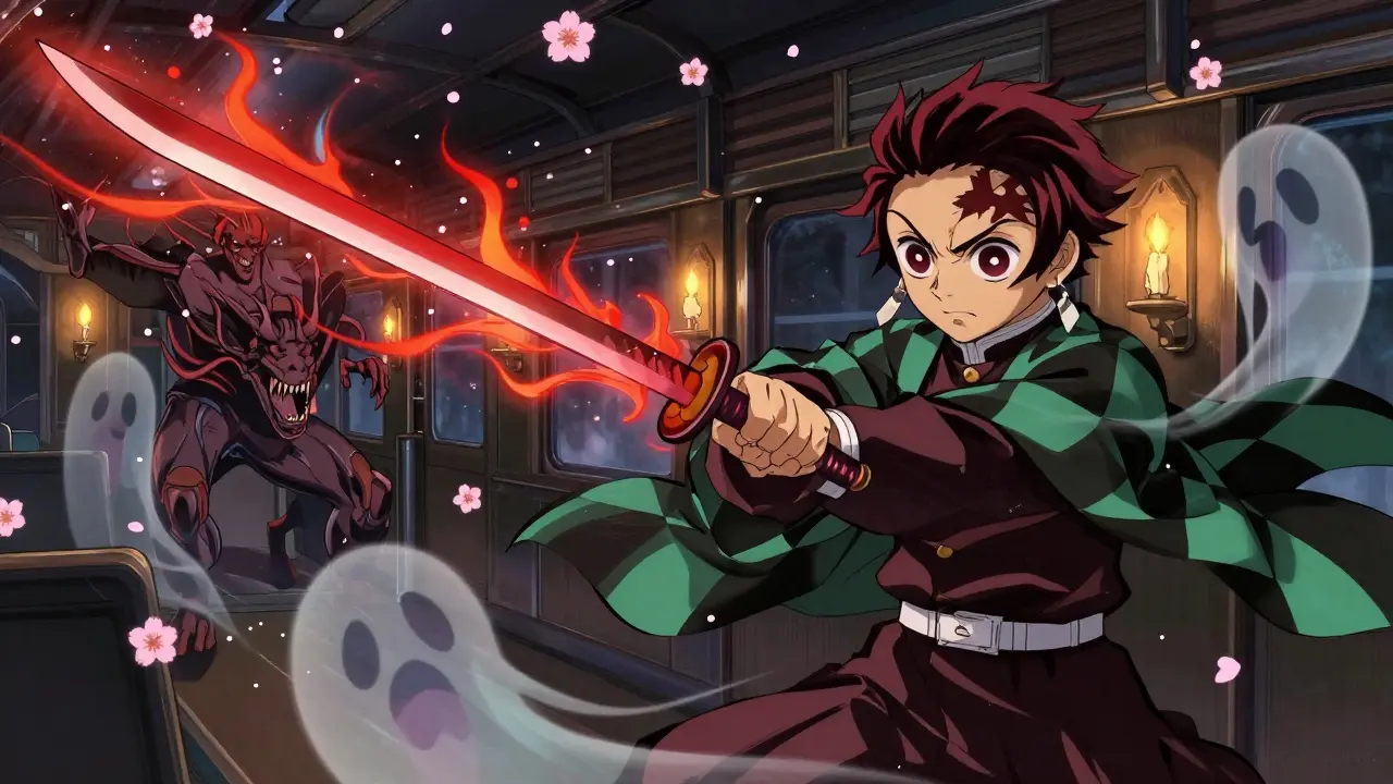 Tanjiro fights demons on the Mugen Train, his sword leaving fiery trails as cherry blossoms drift in candlelit silence.