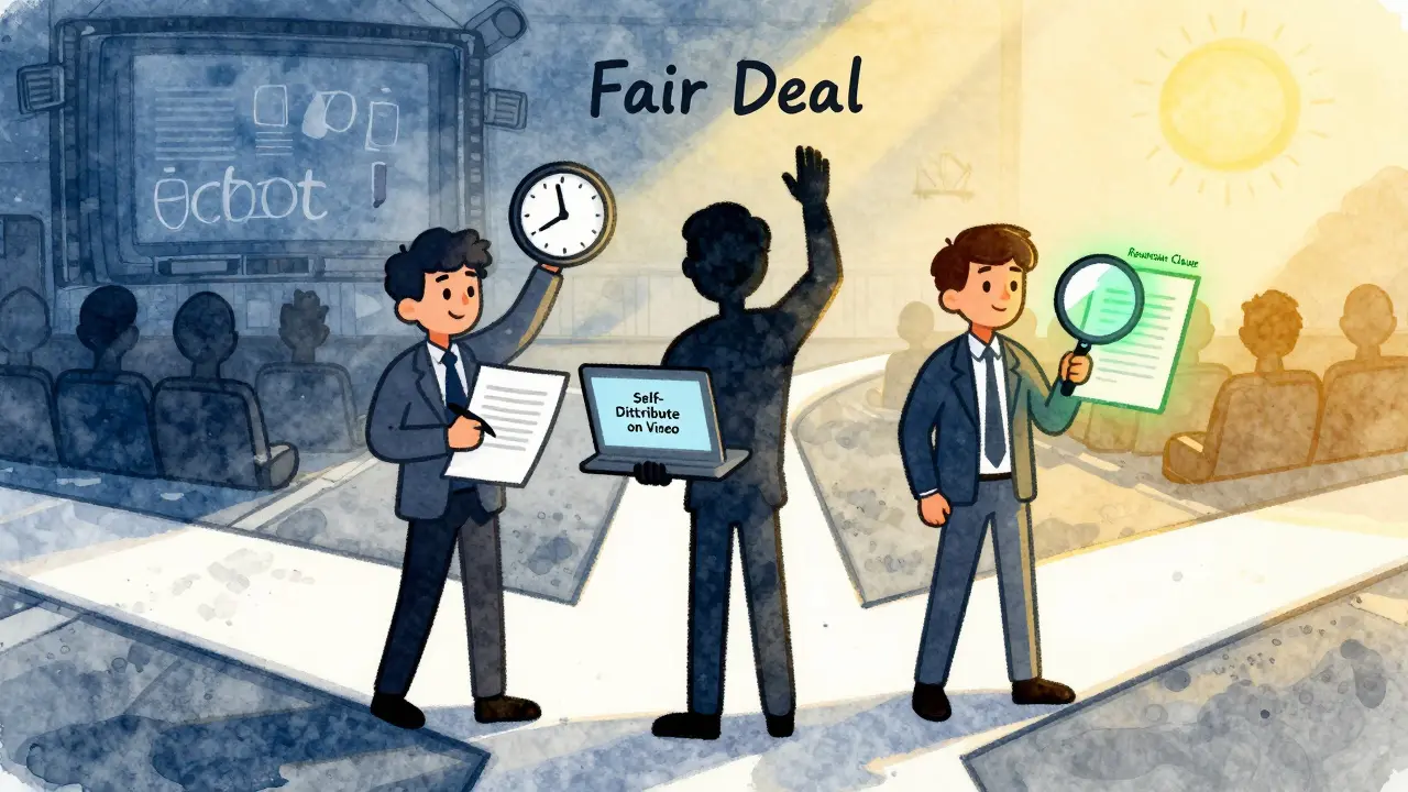 Three filmmakers at a crossroads: signing contract, self-distributing, or finding fair deal with reversion clause.