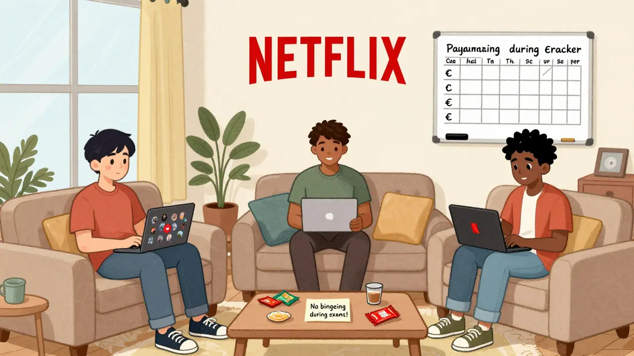 Three friends in a shared apartment each watching different Netflix shows on their devices, with a payment tracker on the wall.