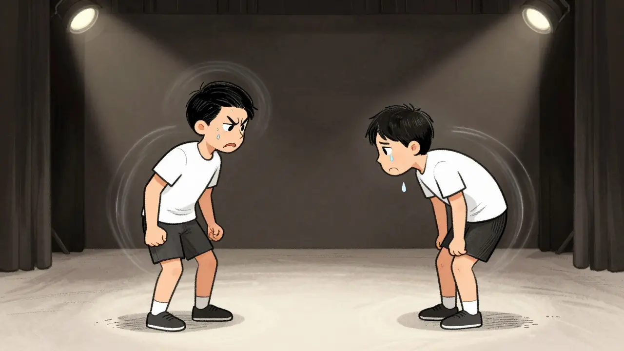 Two actors sit in silence during a theater exercise, their unspoken emotions visibly swirling around them.