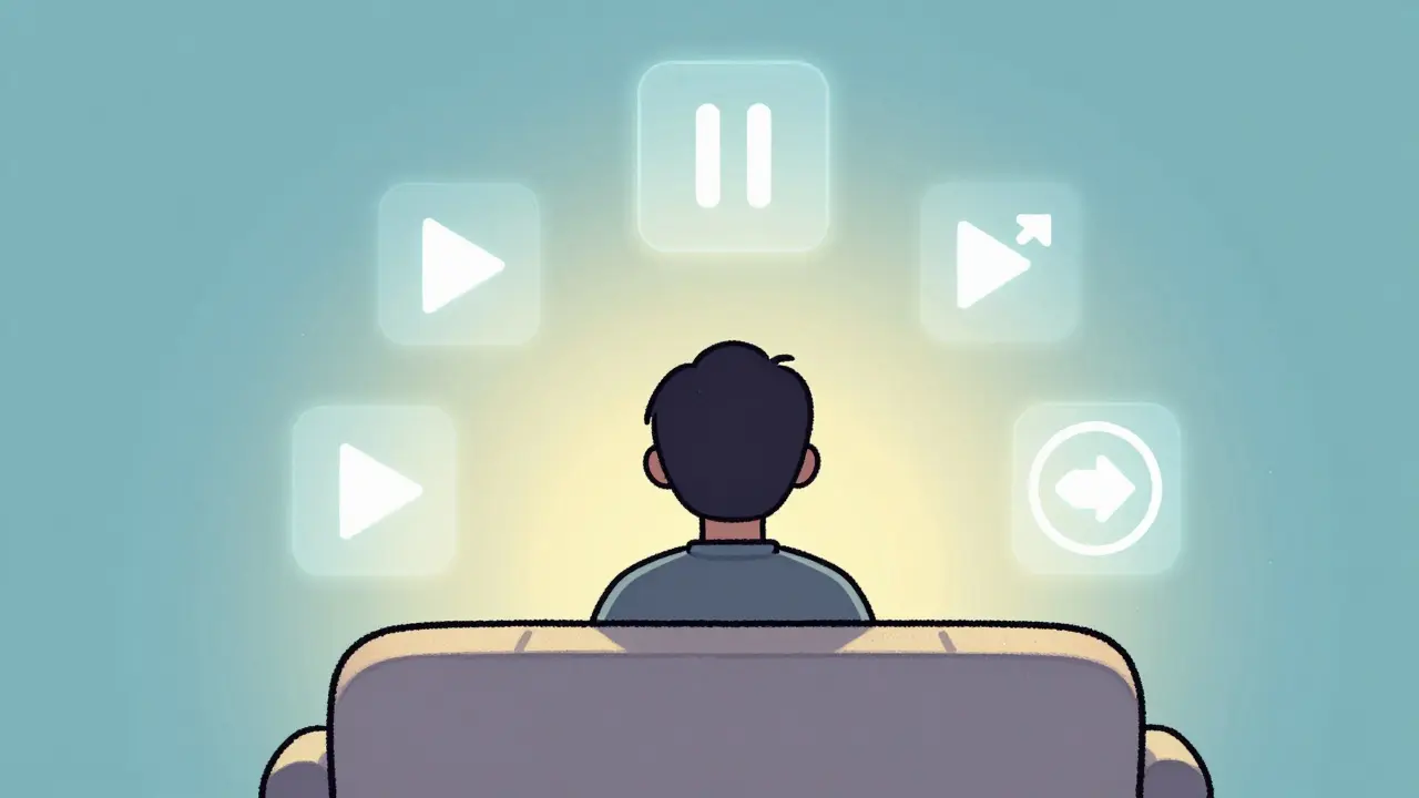 Viewers surrounded by floating pause and play symbols